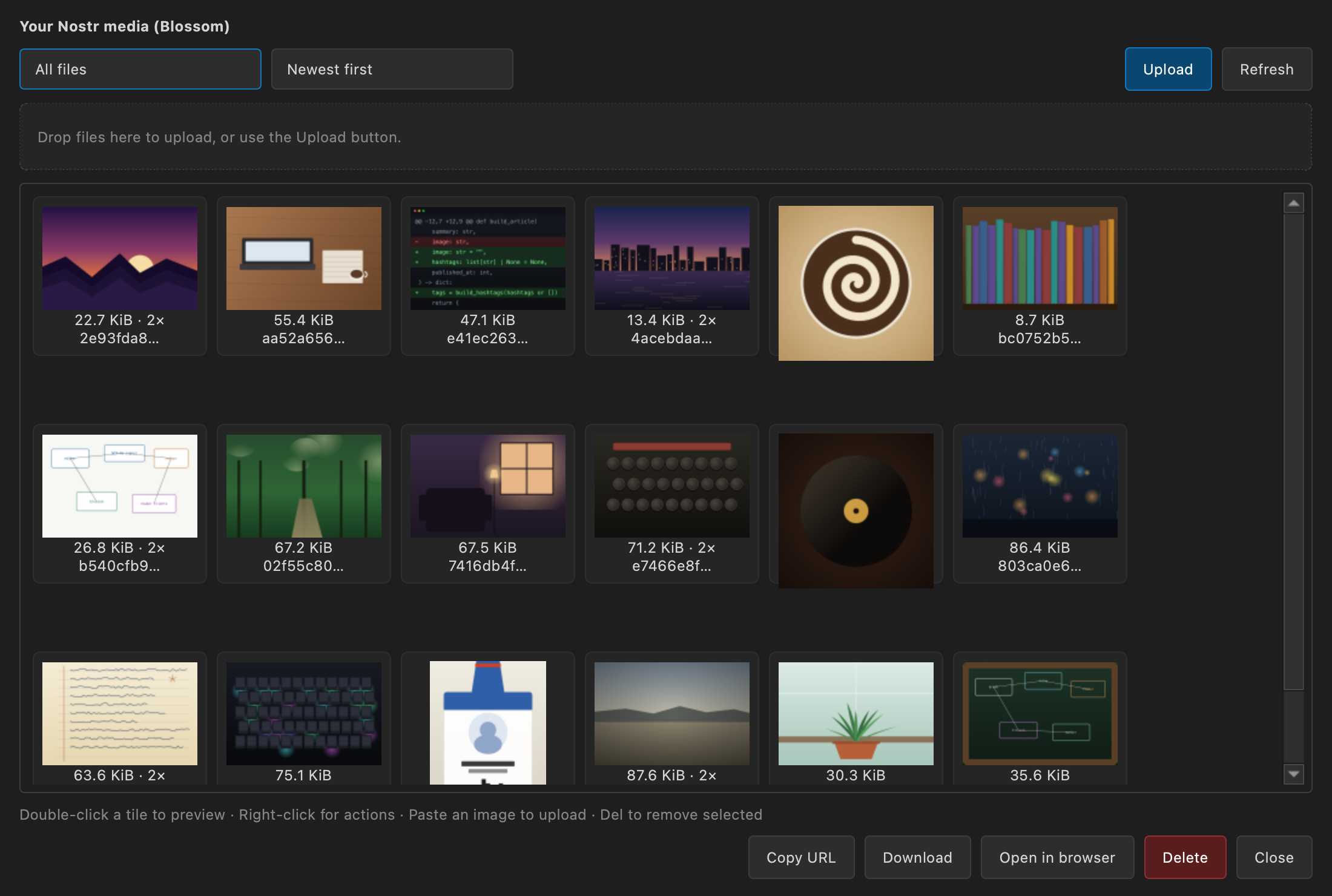 MyEditor's Blossom media library, a grid of uploaded image thumbnails listing file sizes and mirror counts