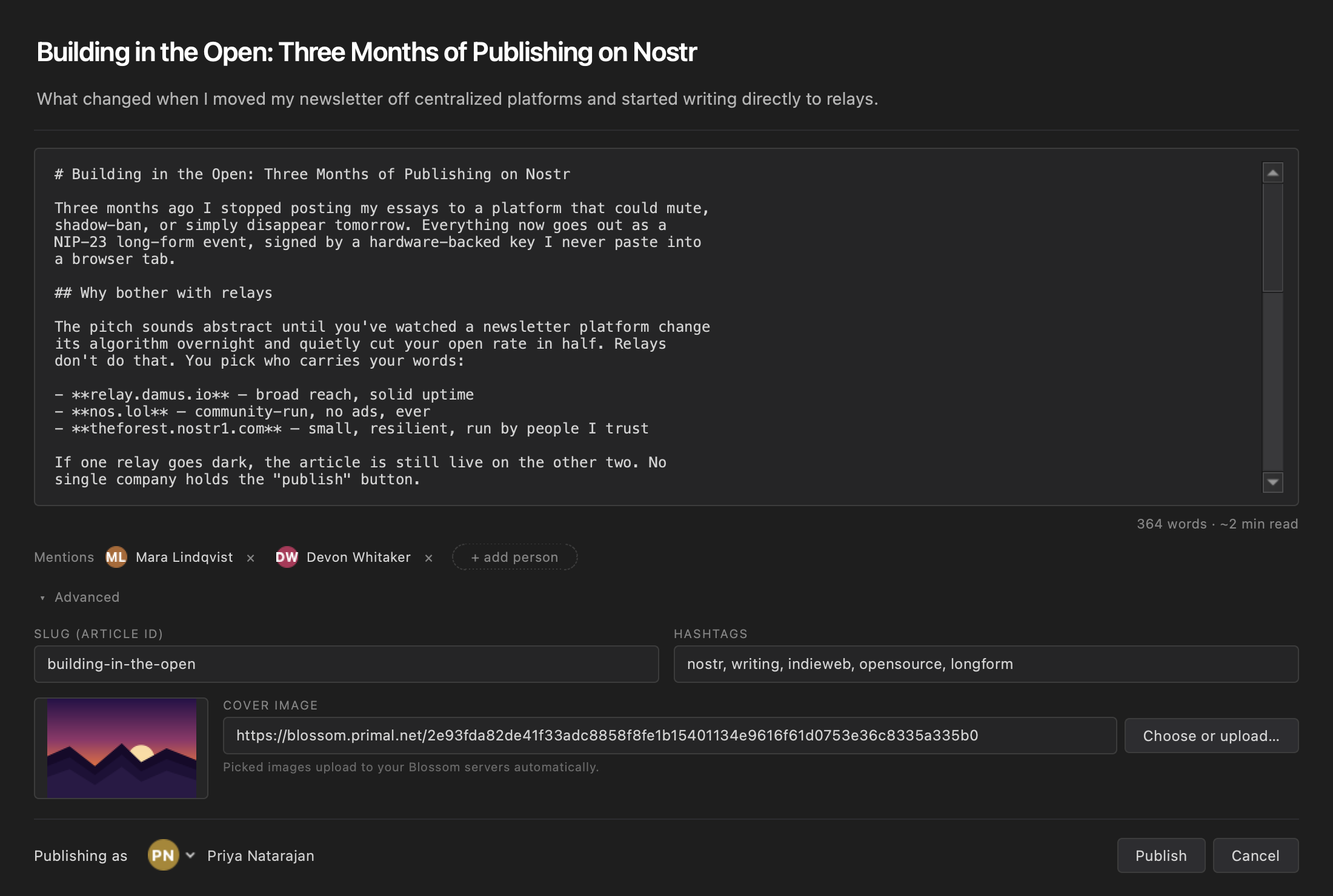 MyEditor's publish dialog for a Nostr long-form article, showing the summary, mentions, hashtags, slug, and cover image fields
