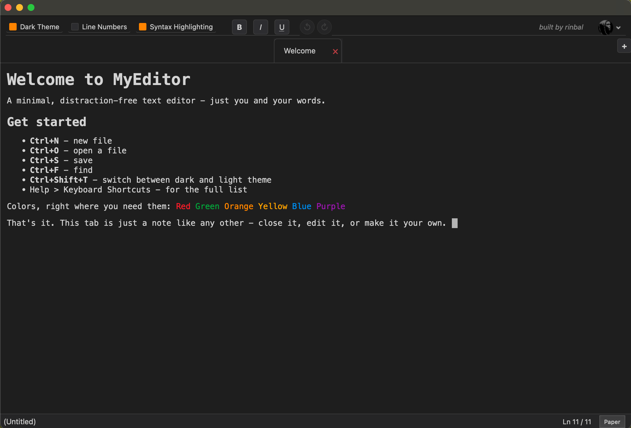 MyEditor welcome screen in dark mode